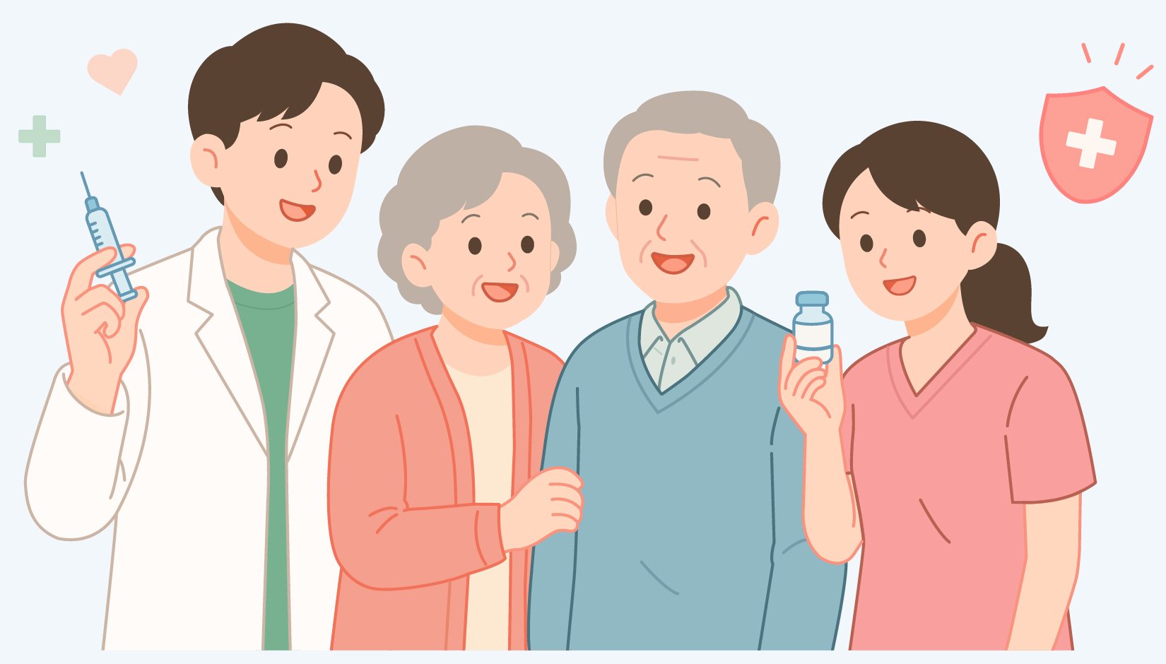 예방접종 안내 일러스트 — 의사·어르신·간호사